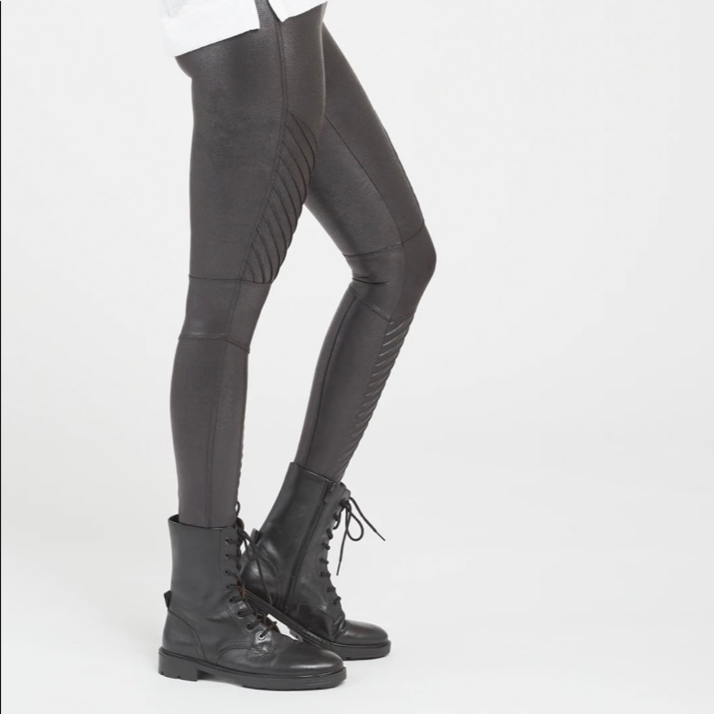 Spanx Faux Leather Leggings High Waist Rise Moto Solid Black, Large